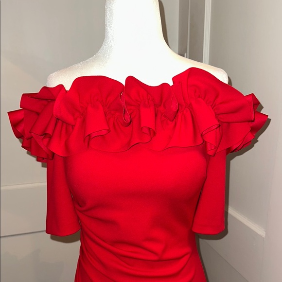 Xscape Red Ruffle Off-Shoulder Gown - - Picture 3 of 8